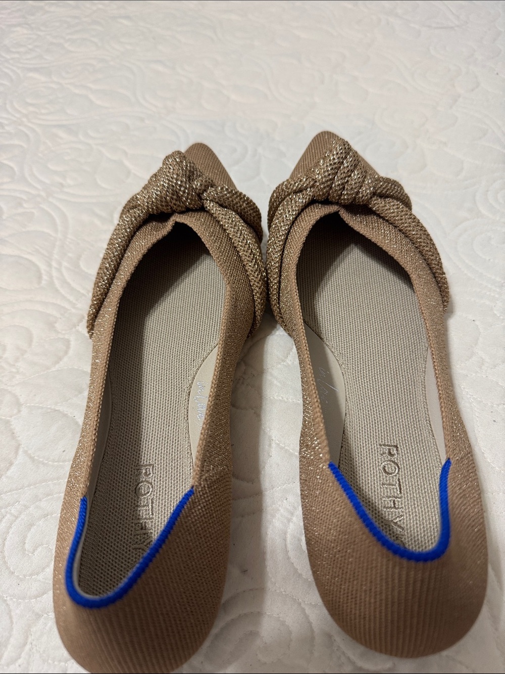 Rothy’s Metallic Taupe Knot Ballet Flats with Blue Trim
